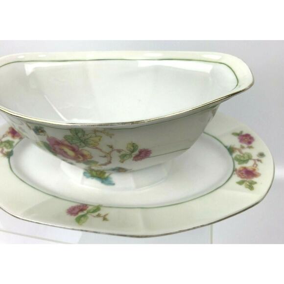 Victoria China Czechoslovakia Gravy Boat With Attached Underplate Pink Roses - Picture 5 of 12